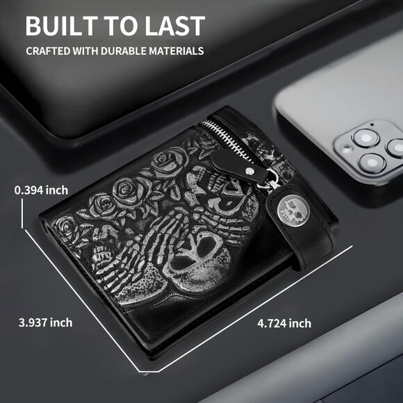 Skull Leather Wallet Gothic Chain Design with Studded Edge - Picture 7 of 7